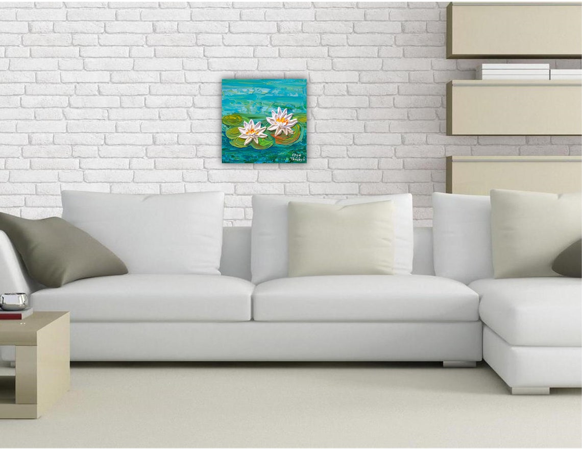 White Waterlilies Painting Pond Flowers Impasto Textured Art Poster - Image 2
