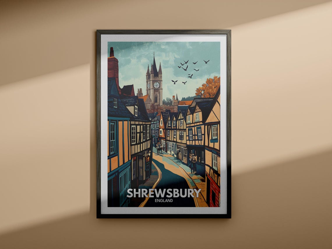 Shrewsbury Travel Print England Shrewsbury Travel Poster England Travel Poster United Kingdom Wall Art English Art Decor - Image 3