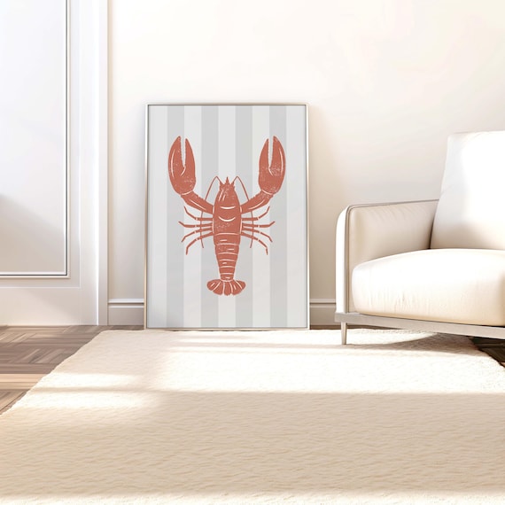 Terracotta Lobster Striped Background Coastal Nautical Art Print