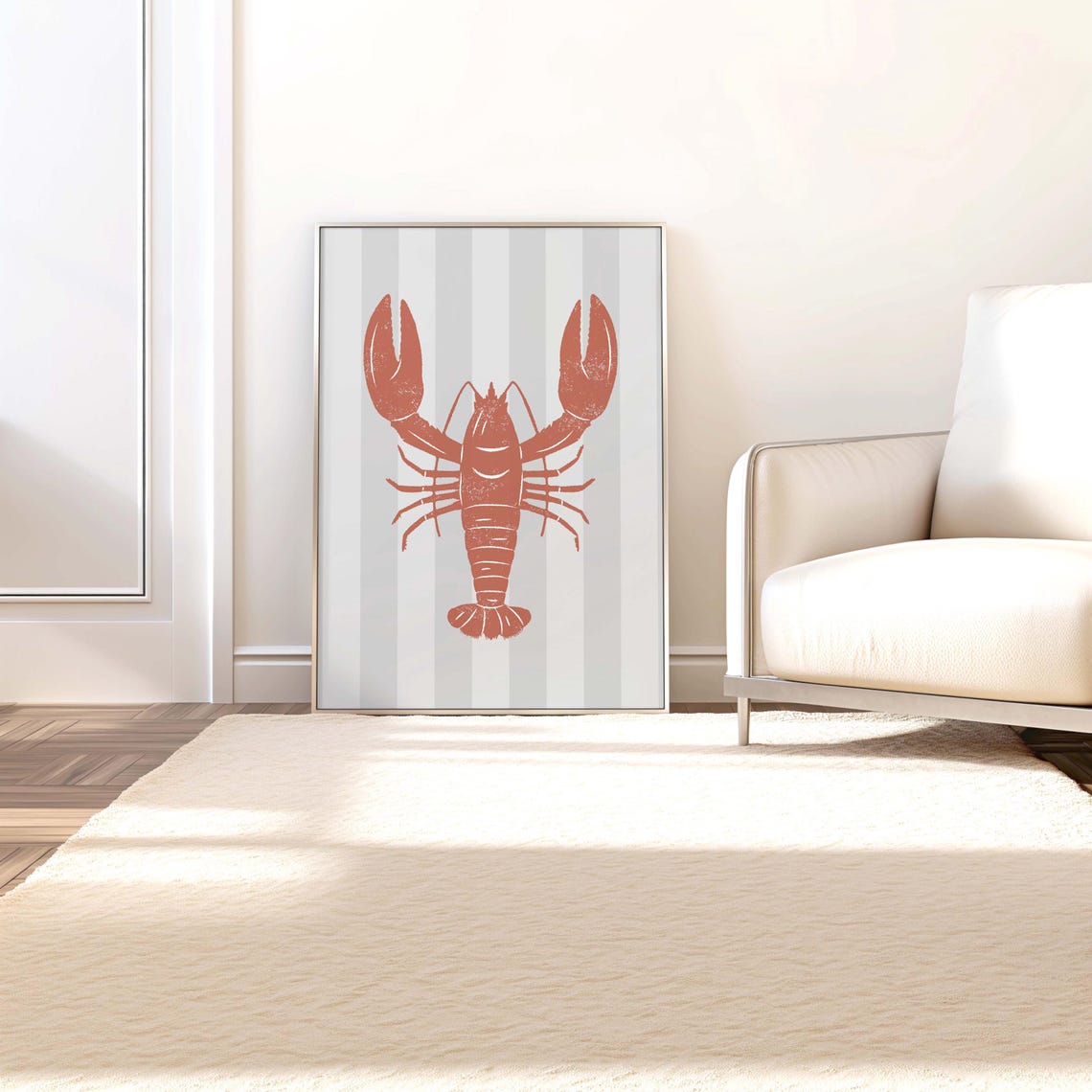 Terracotta Lobster Striped Background Coastal Nautical Art Print
