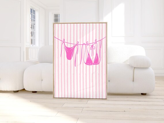 Hot Pink Bikini Clothesline Preppy Coastal Beach Girly Wall Poster