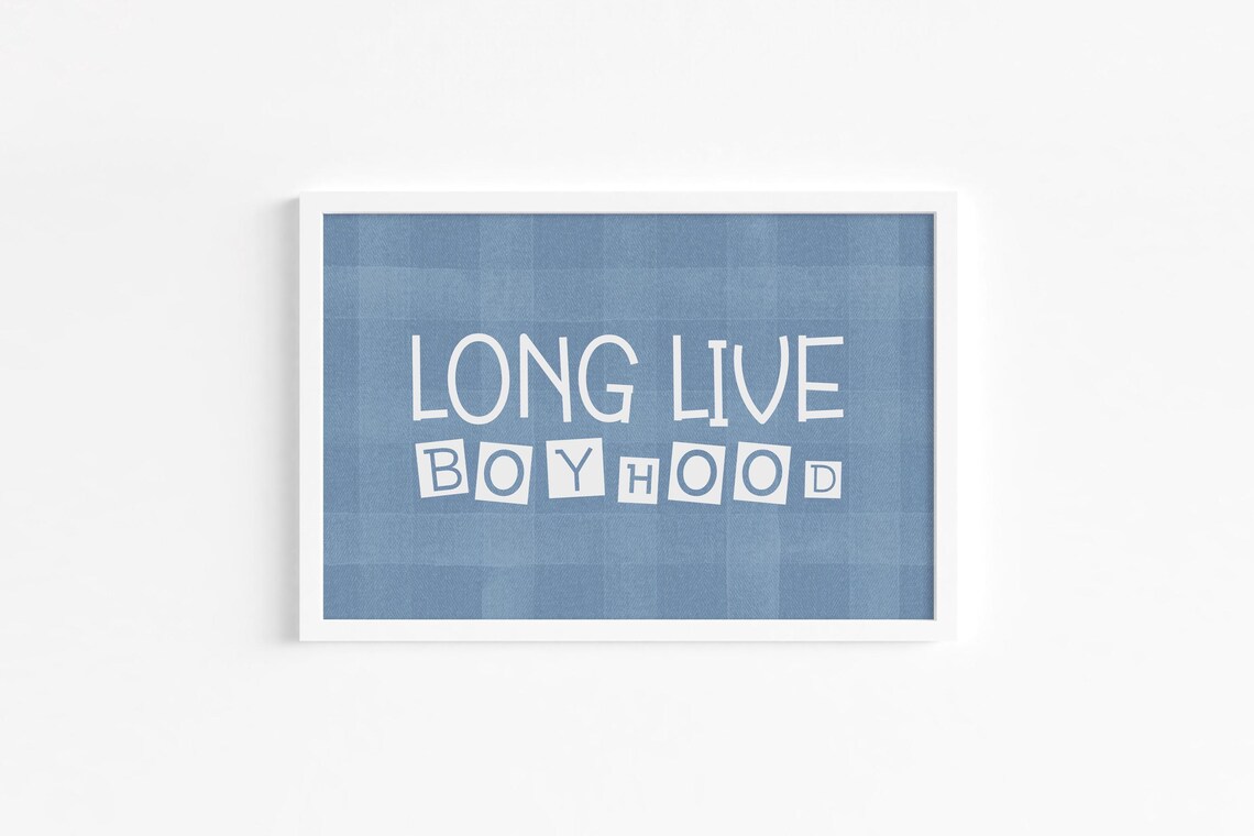 Long Live Boyhood Cute Playful Blue Gingham Nursery Kids Room Poster