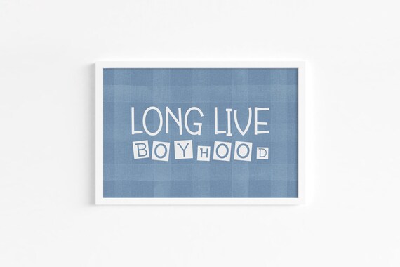 Long Live Boyhood Cute Playful Blue Gingham Nursery Kids Room Poster