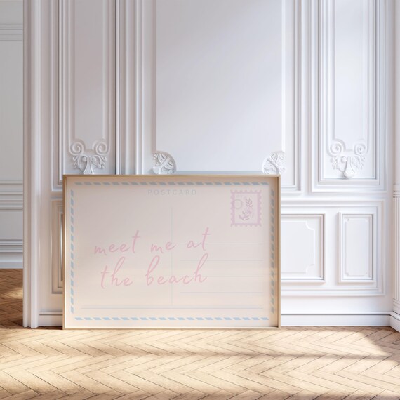 Meet Me At The Beach Pink Postcard Script Coastal Wall Print