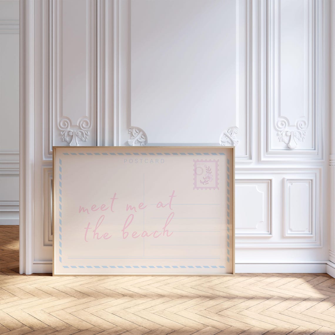 Meet Me At The Beach Pink Postcard Script Coastal Wall Print