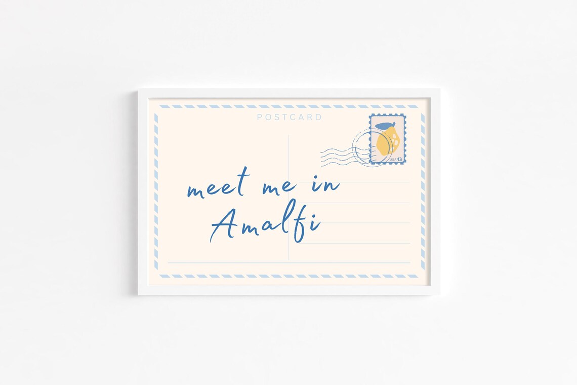 Meet Me In Amalfi Italy Blue Postcard Style Lemon Travel Poster