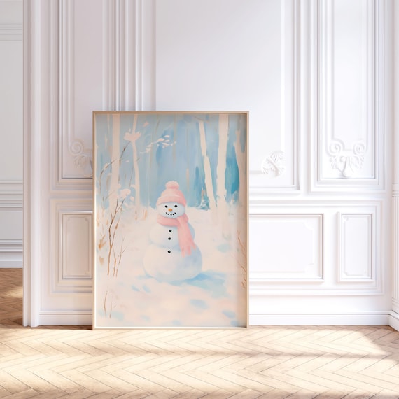 Cute Pastel Snowman Winter Birch Forest Holiday Nursery Art Print