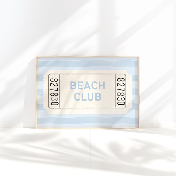 Vintage Beach Club Ticket Art Light Blue Coastal Wall Poster