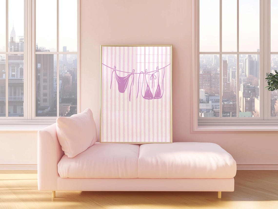 Purple Bikini Clothesline Trendy Girly Coastal Stripe Art Poster