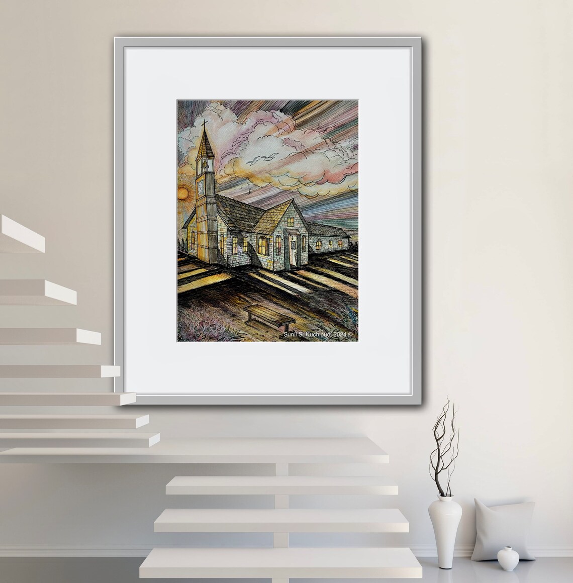 Sunset Years Old Church at Sunset Watercolor Christian Art Poster - Image 2