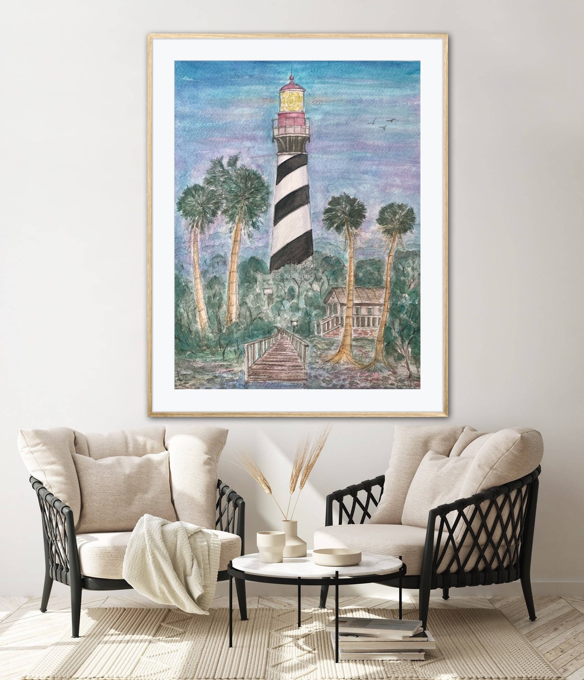 St Augustine Lighthouse at Dusk Watercolor Palm Boardwalk Art Poster - Image 3