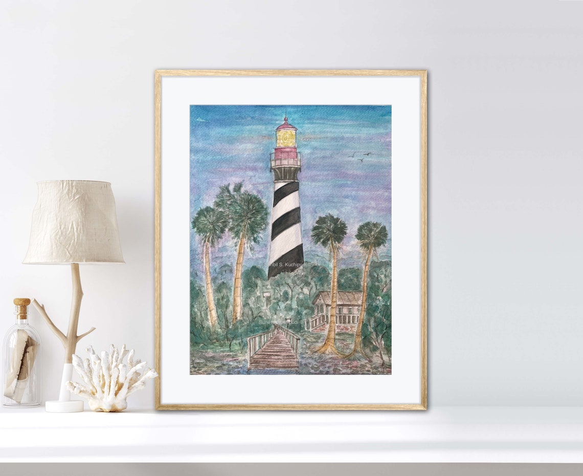 St Augustine Lighthouse at Dusk Watercolor Palm Boardwalk Art Poster