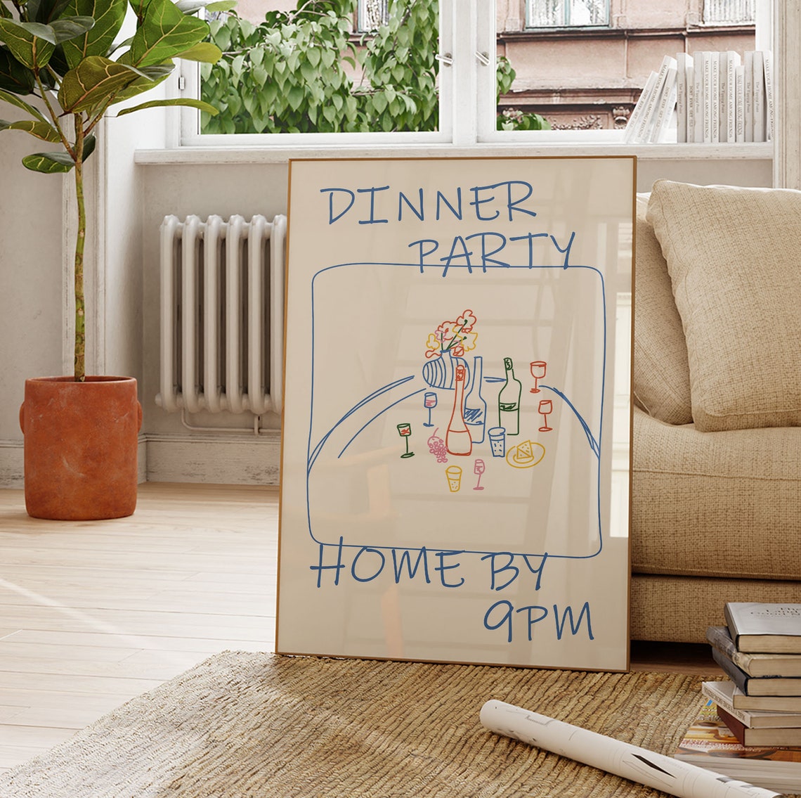 Dinner Party Home by 9PM Funny Line Art Dining Table Art Poster - Image 2