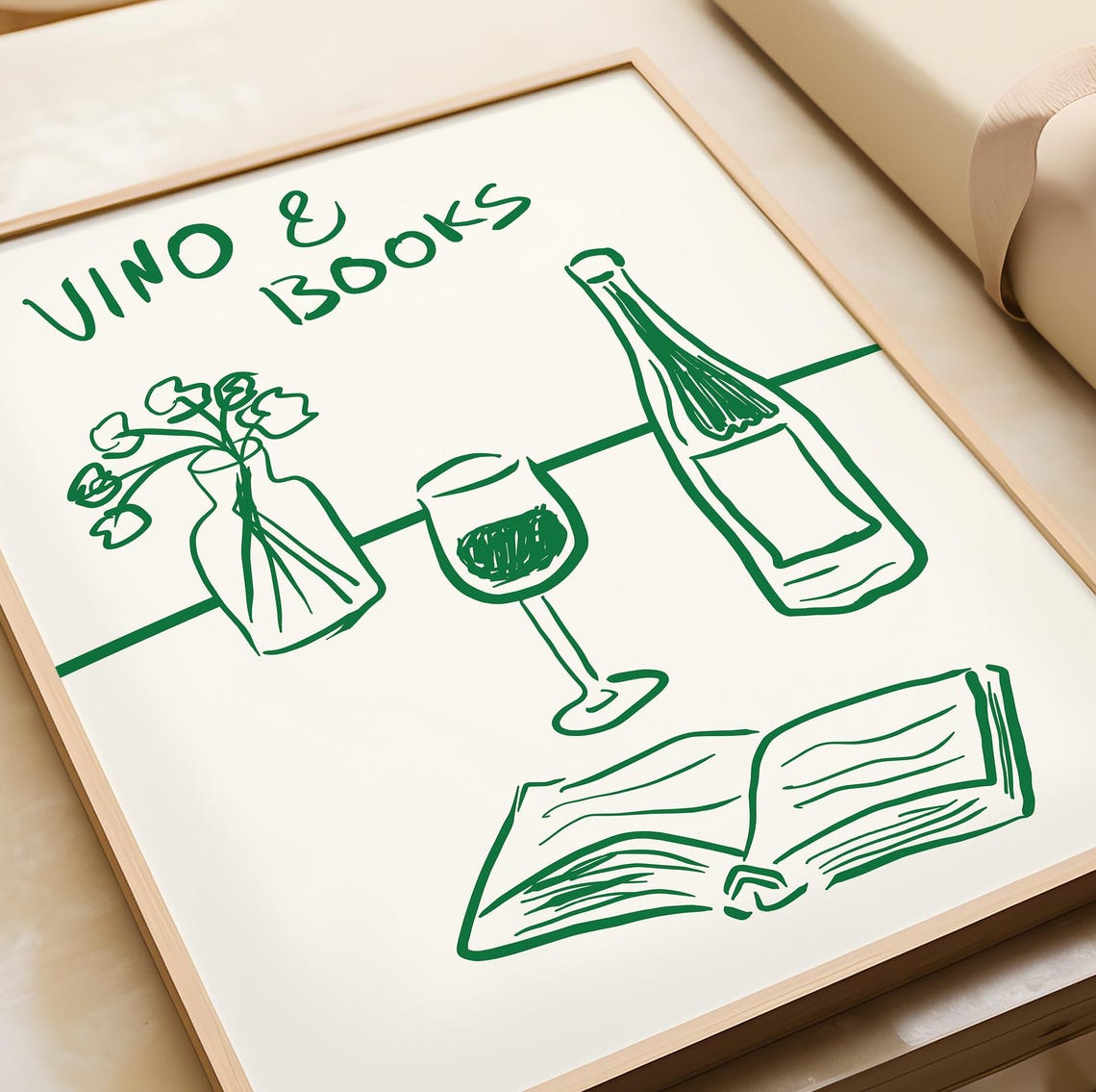 Vino and Books Green Line Art Wine Book Lover Kitchen Art Poster - Image 3