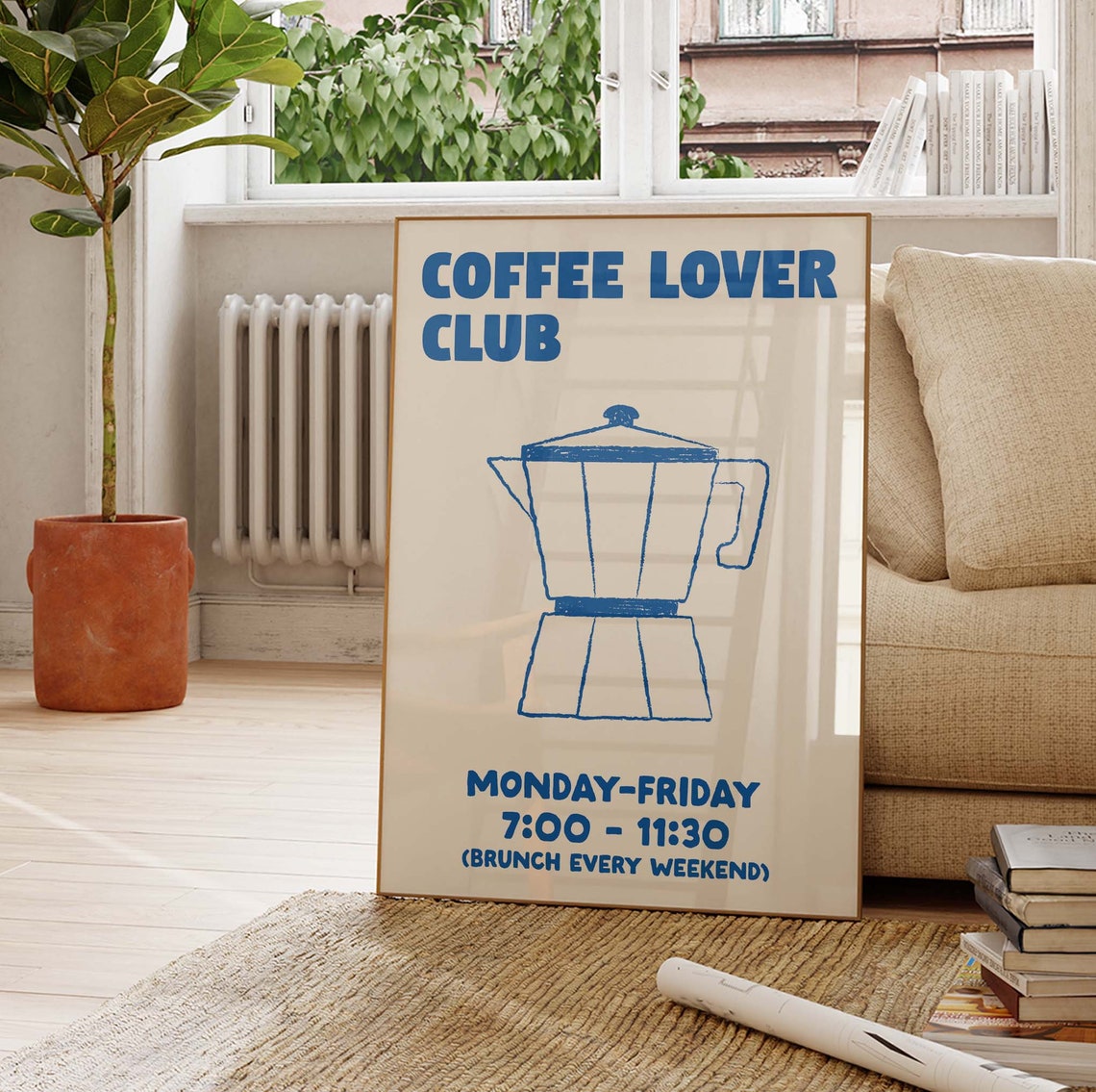 Bold Coffee Lover Club Blue Moka Pot Brunch Kitchen Wall Poster - Image 3
