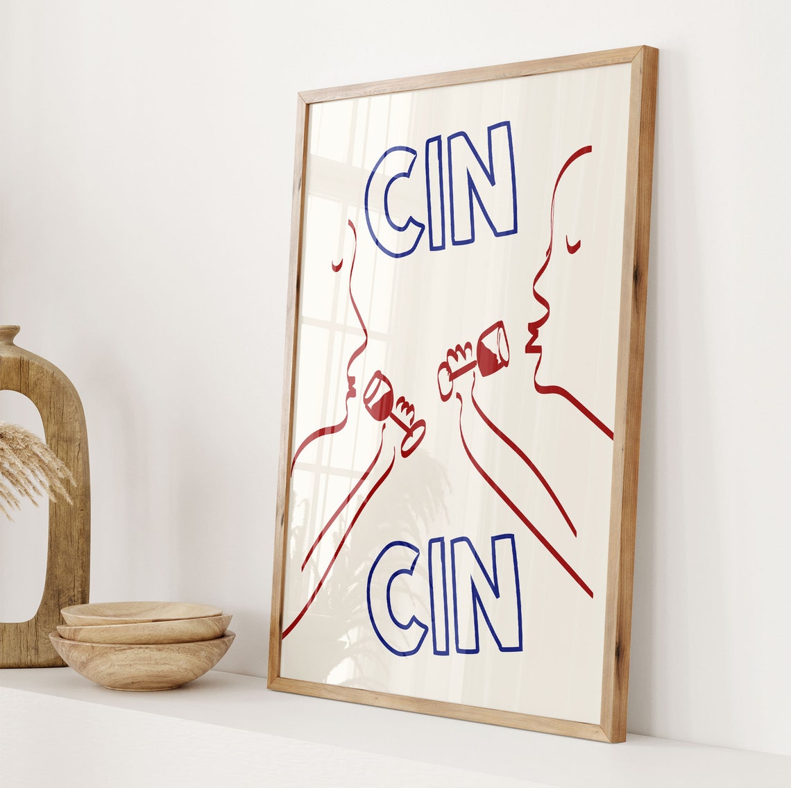 Cin Cin Wine Toast Line Art Blue Red Minimalist Bar Cart Poster - Image 2