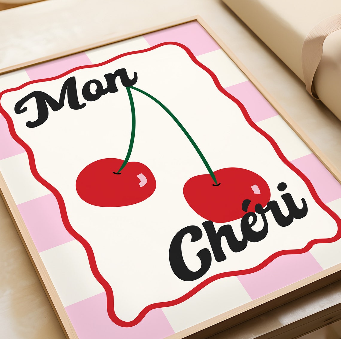 Mon Cheri French Sweet Cherry Pink Checkerboard Kitchen Poster - Image 4