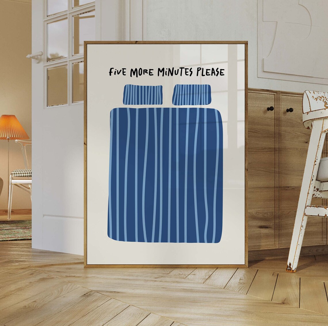 Five More Minutes Retro Blue Bed Quote Art Print - Image 3