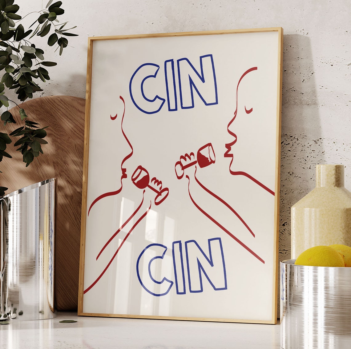 Cin Cin Wine Toast Line Art Blue Red Minimalist Bar Cart Poster - Image 4