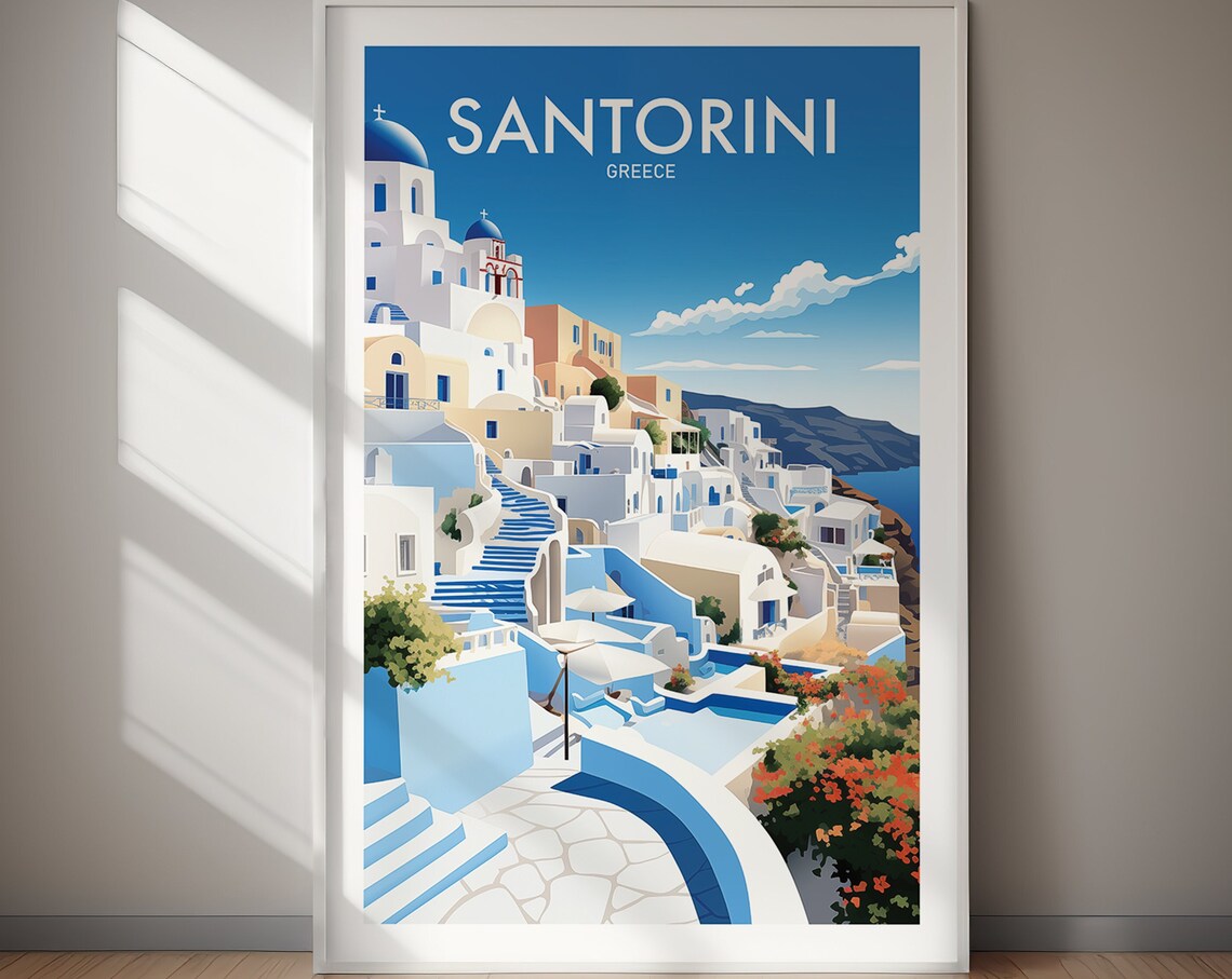 Santorini Greece White Village Blue Domes Aegean View Travel Poster
