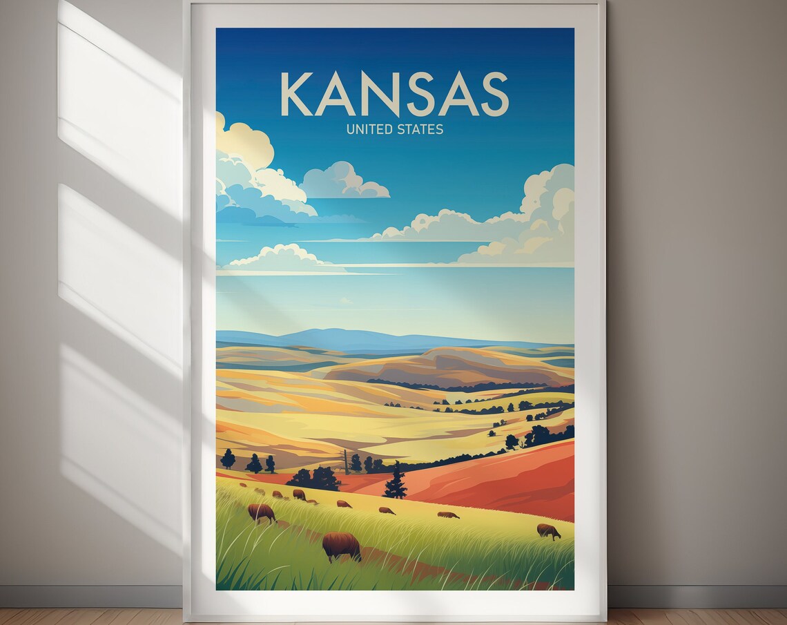 Kansas Vintage Prairie Bison Hills Golden Fields Landscape Poster