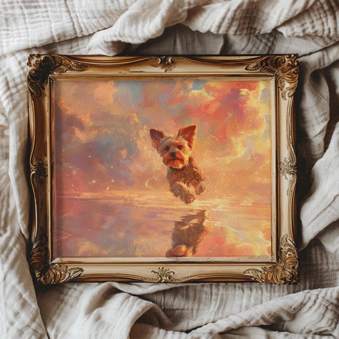 Yorkie Leaping Through Sunset Sky Dreamy Pet Memorial Art Poster