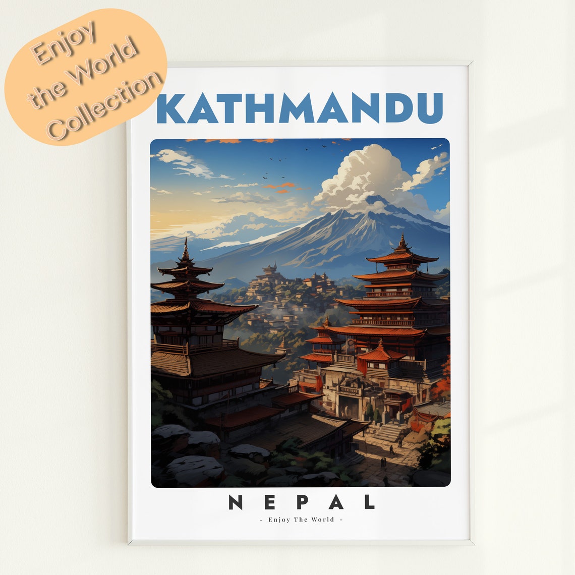 Kathmandu Nepal Himalayan Temple Pagoda Sunset Vintage Travel Poster