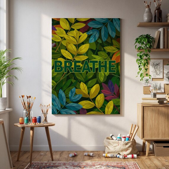 Framed Breathe Quote Botanical Wall Art Colorful Leaf Poster For Yoga Studio Meditation Room Mindfulness Or Wellness Home Decor