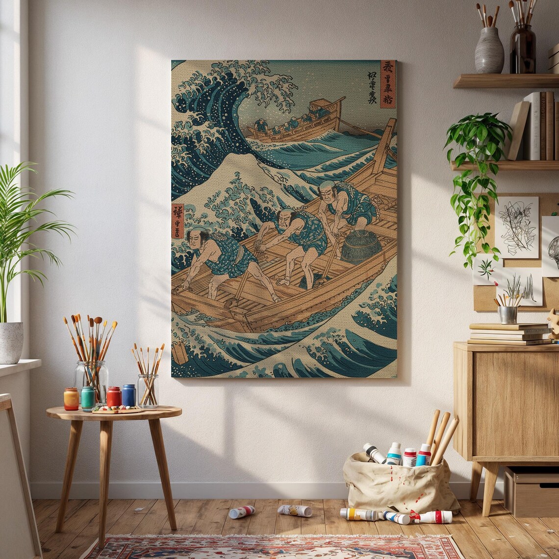 Vintage Japanese Fishermen High Waves Ukiyoe Woodblock Art Poster