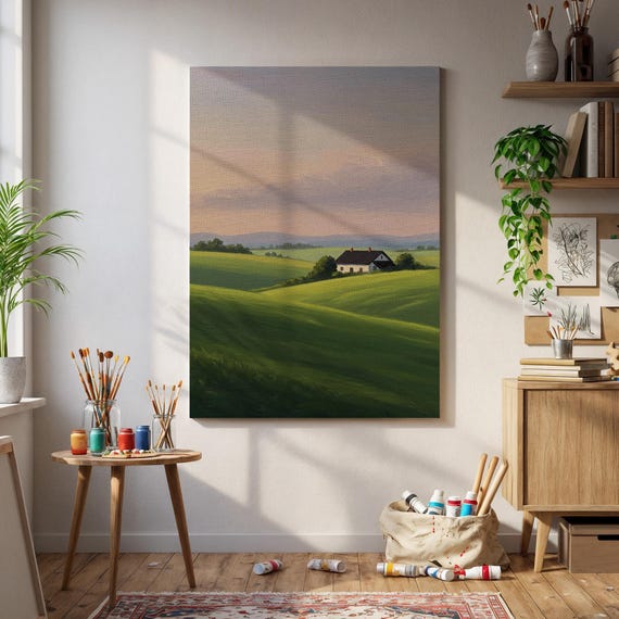 Framed Country Landscape Wall Art Green Field And Cottage Canvas Print Peaceful Nature Painting Rustic Farmhouse Sunset Decor Home