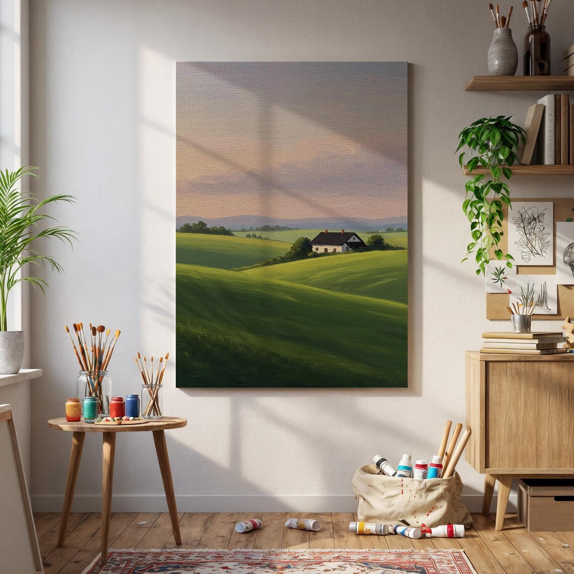 Country Farmhouse Rolling Green Hills Sunset Landscape Wall Art