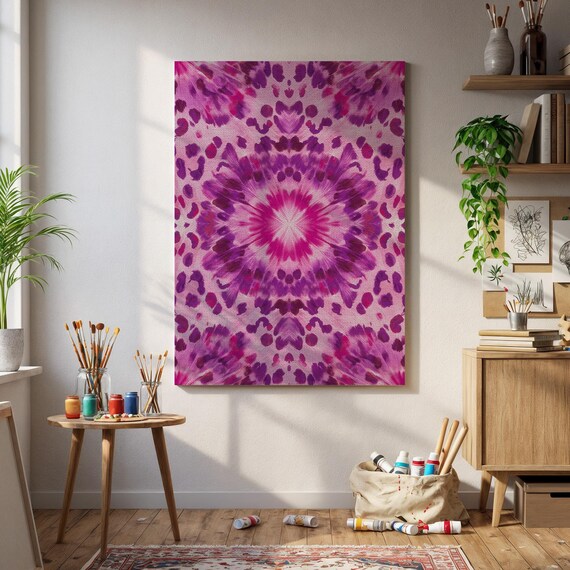 Magenta Mandala Leopard Print Canvas Art Pink Kaleidoscope Animal Pattern Wall Decor Bold Boho Room Accent Feminine Safari Artwork Home