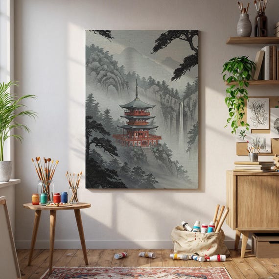 Misty Red Japanese Pagoda Ukiyoe Temple Waterfall Zen Art Poster
