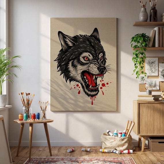 Angry Wolf Canvas Art Red Eyes Blood Splatter Print Tattoo Style Wall Decor Gothic Animal Poster Vintage Savage Artwork Home