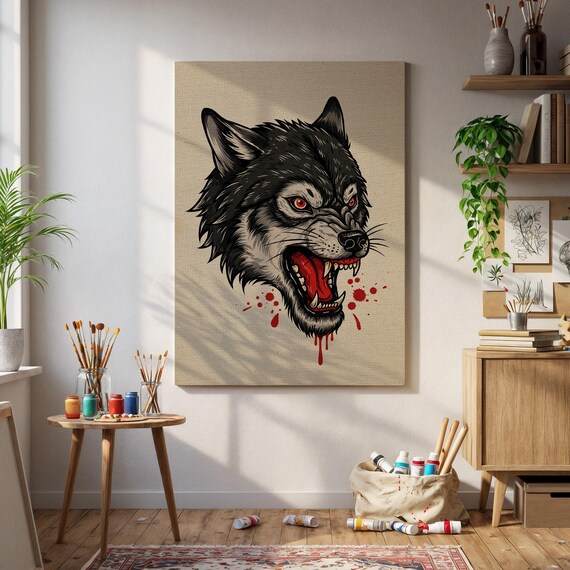 Angry Wolf Red Eyes Blood Splatter Tattoo Style Gothic Art Poster