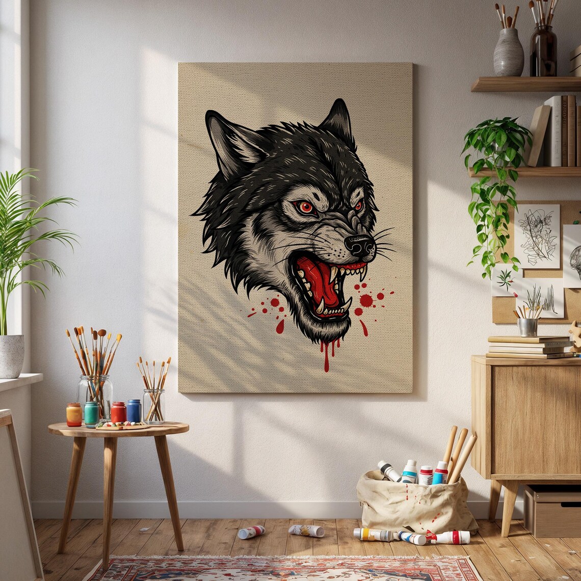 Angry Wolf Red Eyes Blood Splatter Tattoo Style Gothic Art Poster