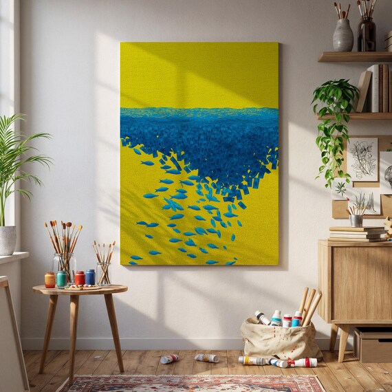 Blue Fish School Wall Art Bold Ocean Swarm On Yellow Canvas For Modern Seainspired Decor Or Vibrant Coastal Home Interiors
