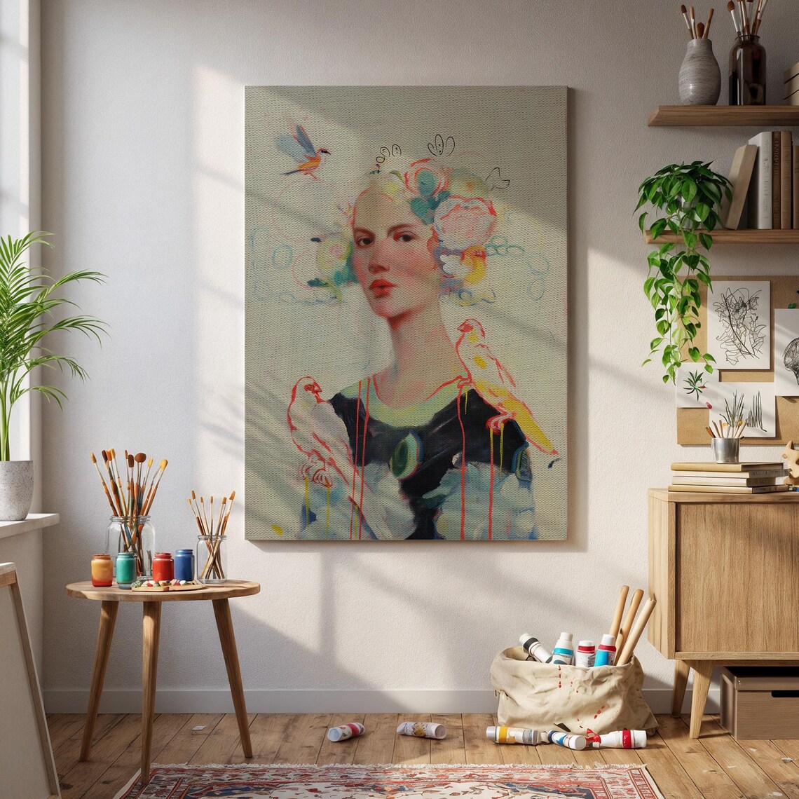 Soft Dreamy Woman With Birds Pastel Feminine Portrait Poster
