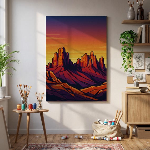 Framed Sunset Desert Wall Art Bold Mountain Silhouette Canvas Print Western Landscape Poster For Kitchen Or Boho Living Room Decor