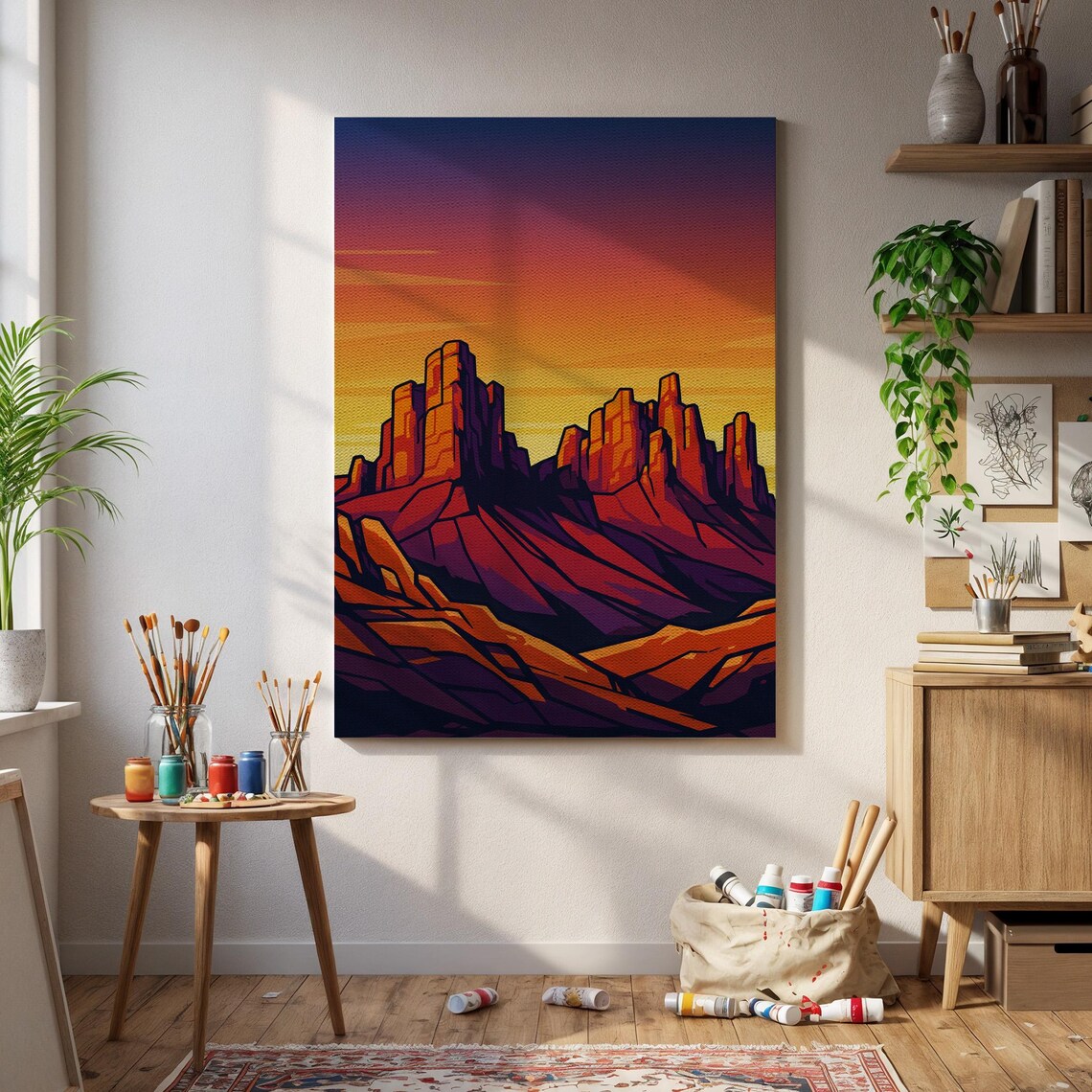 Desert Mountain Silhouette Against a Blazing Red Sunset Poster