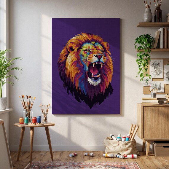 Roaring Lion Pop Art Wall Print Colorful Jungle King Poster Modern Animal Canvas Bold Wildlife Home Decor