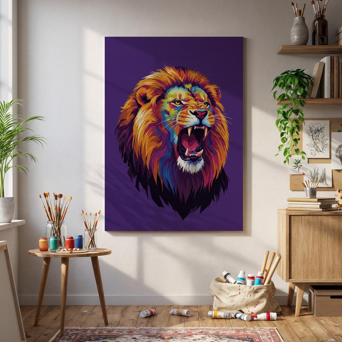 Roaring Lion Pop Art Rainbow Head Purple Background Animal Poster