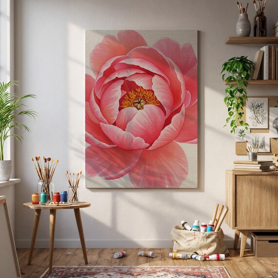 Framed Pink Peony Flower Canvas Art Bold Botanical Wall Print Elegant Bloom Decor For Bedroom Living Room Or Feminine Cottage Interiors