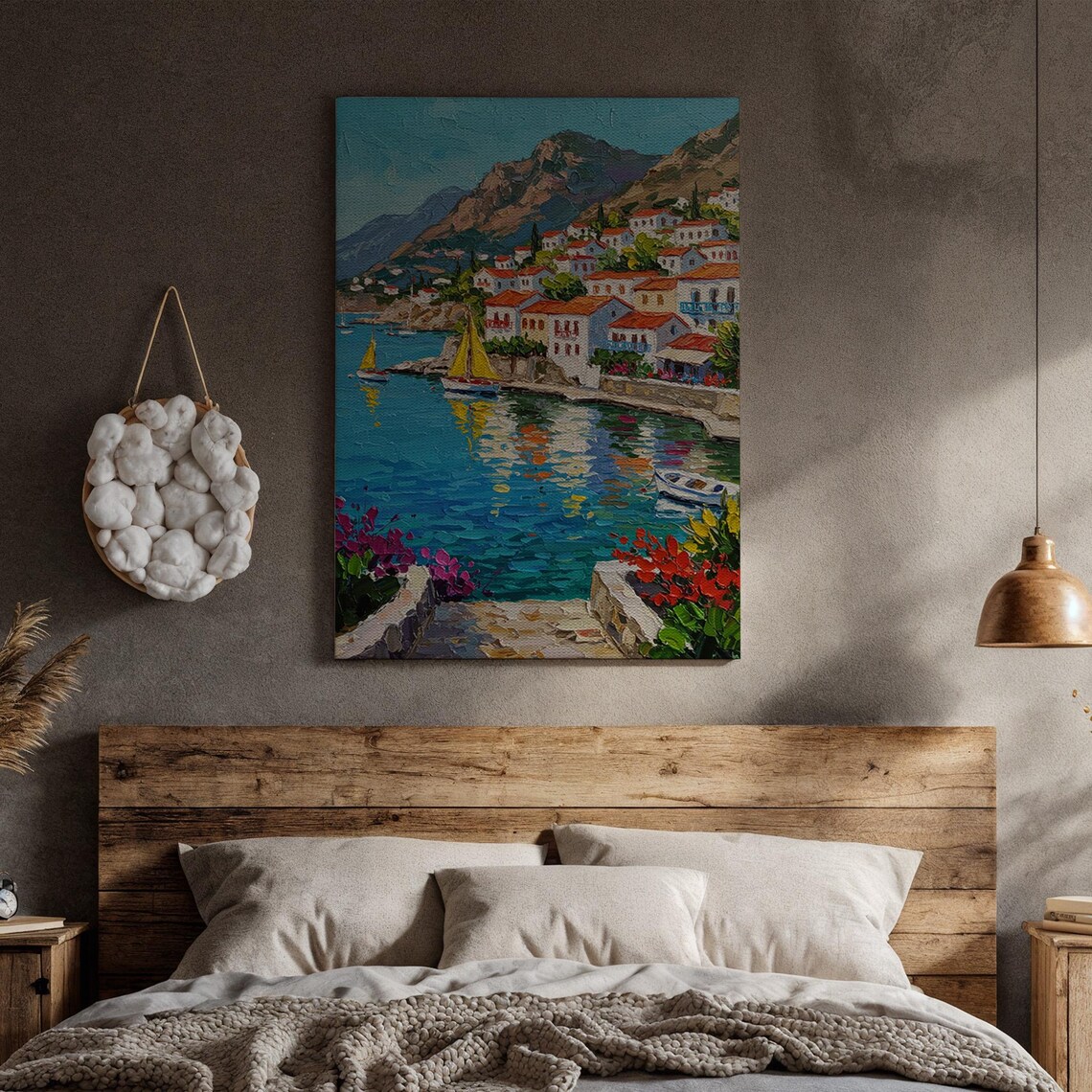 Greek Island Village Sailboats Turquoise Water Harbor Art Poster