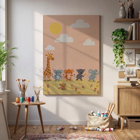Cute Jungle Animal Nursery Wall Art Safari Baby Room Poster Giraffe Lion Elephant Print Pastel Kids Canvas Decor For Playroom Or Gift