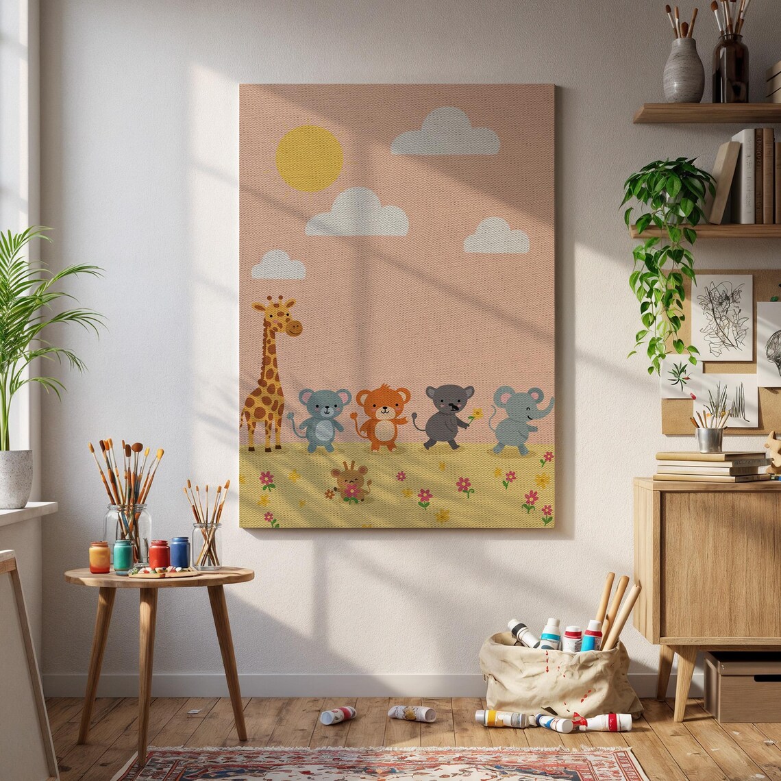 Cute Cartoon Jungle Safari Animals Nursery Kids Room Wall Art