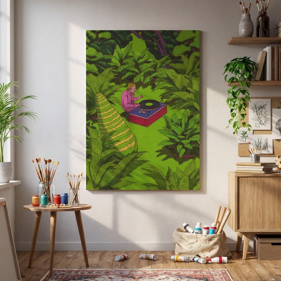 Dj In Jungle Art Print Vibrant Green Forest Illustration With Vinyl Playermusic Nature Collage Wall For Creative Living Spaces Home