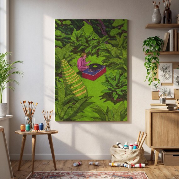 Playful DJ In Jungle Vibrant Green Tropical Forest Party Poster