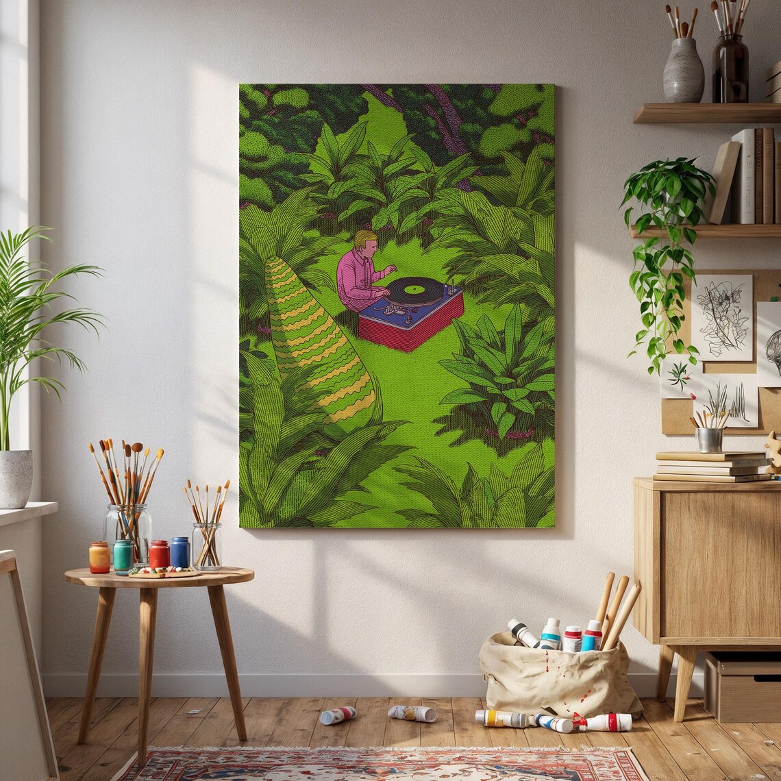 Playful DJ In Jungle Vibrant Green Tropical Forest Party Poster