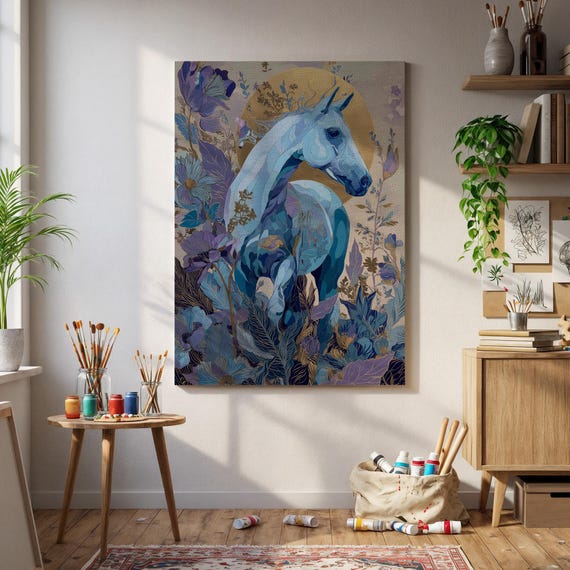 Elegant Horse In Blue Floral Forest Mystical Animal Illustration Print Boho Nature Wall Art For Living Room Office Or Bedroom